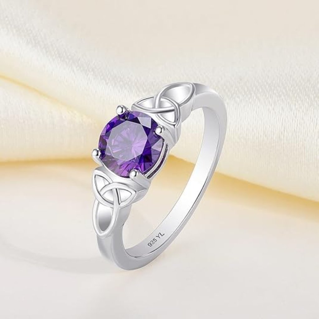 Celtic Knot Ring 925 Sterling Silver Round Cut Birthstone - Amethyst - Feb